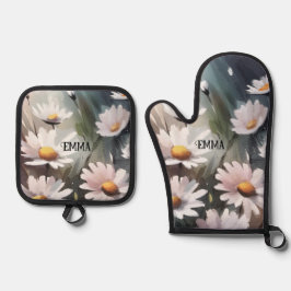 Watercolor Daisies Individuelle Name Ofenhandschuh & Topflappen-Set