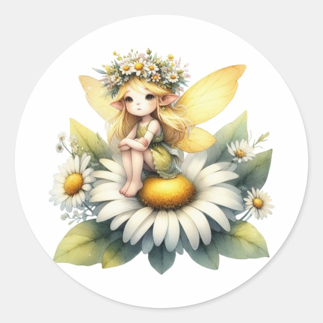 Watercolor Daisy Fairy Runder Aufkleber (Vorderseite)