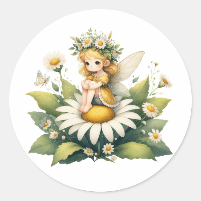 Watercolor Daisy Fairy Runder Aufkleber (Vorderseite)