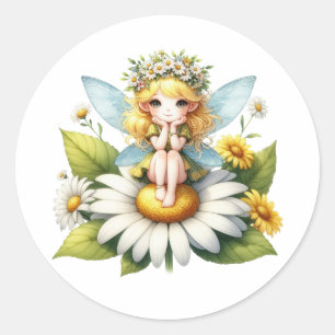 Watercolor Daisy Fairy Runder Aufkleber