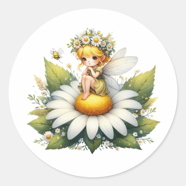 Watercolor Daisy Fairy Runder Aufkleber (Vorderseite)