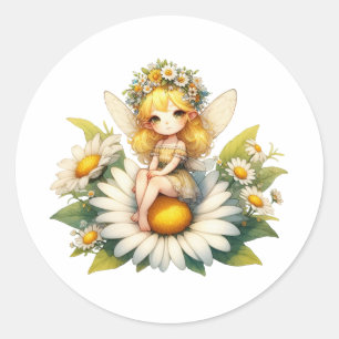 Watercolor Daisy Fairy Runder Aufkleber
