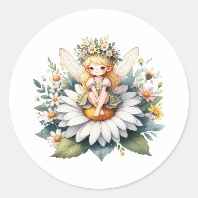 Watercolor Daisy Fairy Runder Aufkleber (Vorderseite)