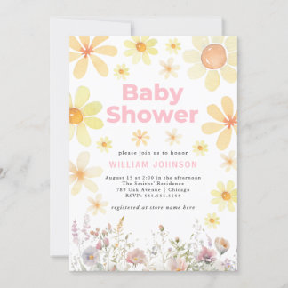 Watercolor Daisy Girl Pink Kinderdusche Einladung