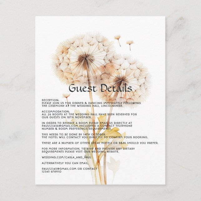Watercolor Dandelion Wedding Guest Details Begleitkarte (Vorderseite)