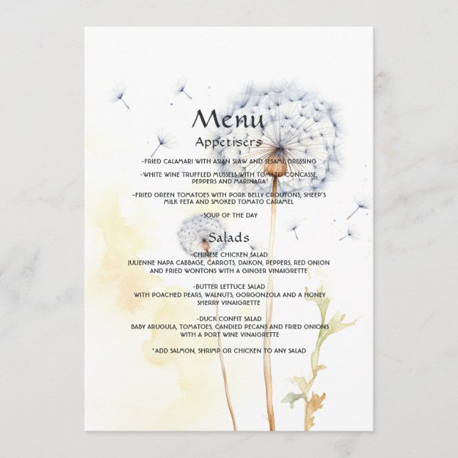 Watercolor Dandelion Wedding Menükarte (Vorderseite)