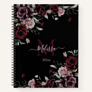 Watercolor Dark Moody Roses Monogram Black Notizbuch