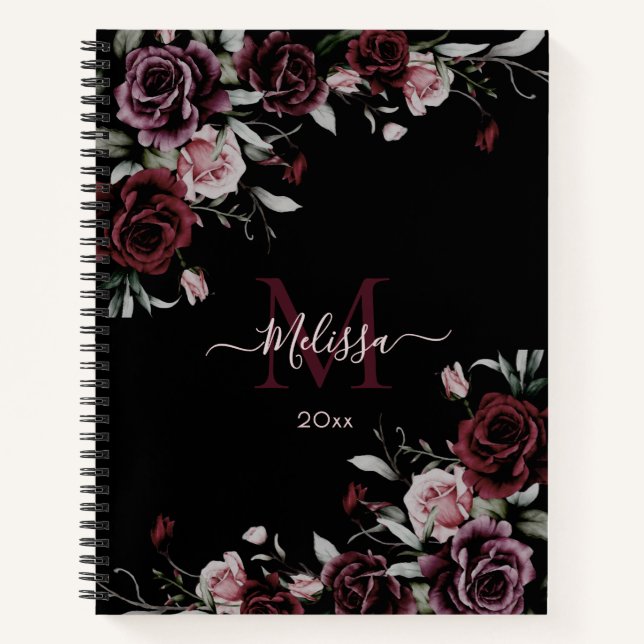 Watercolor Dark Moody Roses Monogram Black Notizbuch (Vorderseite)