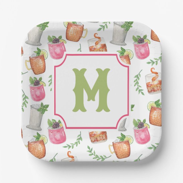 Watercolor Derby Day Mint Julep Getränke Monogramm Pappteller (Vorderseite)