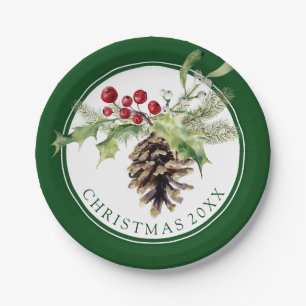 Watercolor des Weihnachten - Vintage Stechpalme Pappteller