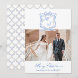 Watercolor Designer Blue Monogram Christmas Foto Feiertagskarte