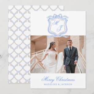 Watercolor Designer Blue Monogram Christmas Foto Feiertagskarte