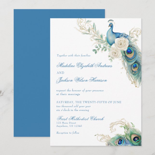 Watercolor Designer Blue Monogram Crest Wedding Einladung (Vorne/Hinten)