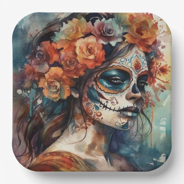 Watercolor Dia de los Muertos Catrina Pappteller (Vorderseite)