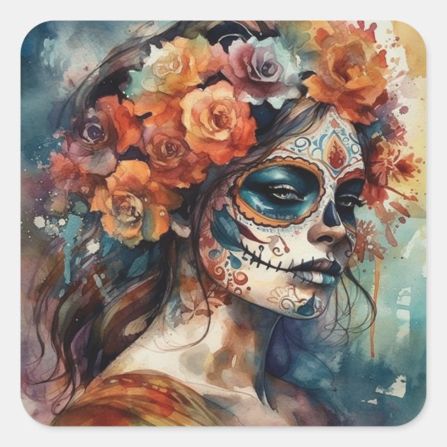 Watercolor Dia de los Muertos Catrina Quadratischer Aufkleber (Vorderseite)