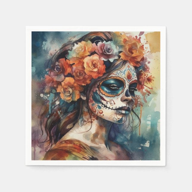 Watercolor Dia de los Muertos Catrina Serviette (Vorderseite)