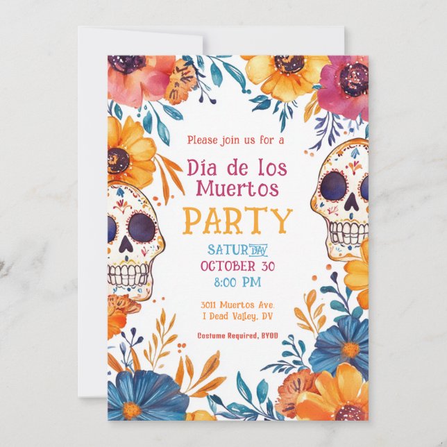 💀 Watercolor Día de Muertos Party Einladung (Vorderseite)