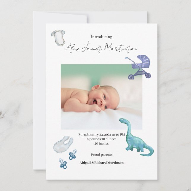 Watercolor Dino Geburtsankündigung eines Babys Ankündigung (Vorderseite)