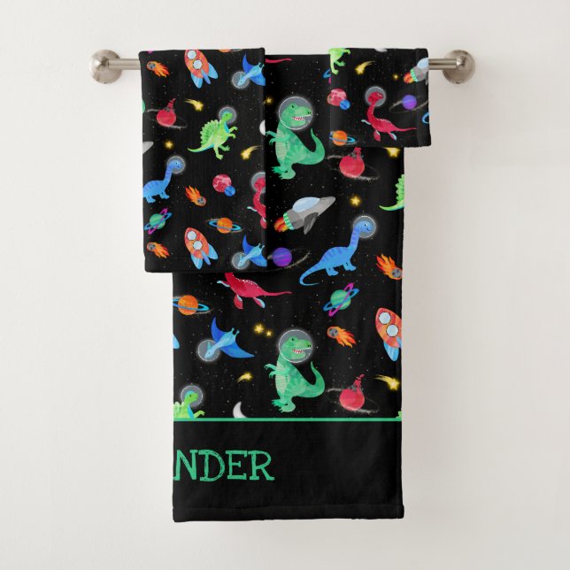 Watercolor Dinosaur Astronauts In Space Black Badhandtuch Set (Insitu)