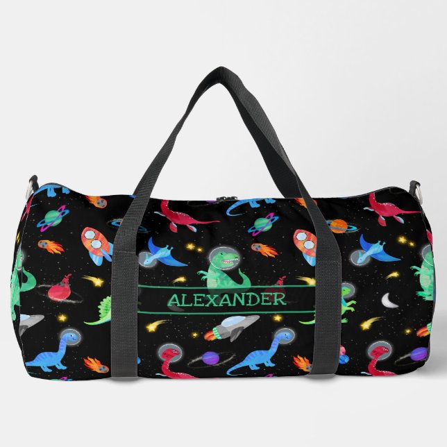 Watercolor Dinosaur Astronauts In Space Black Duffle Bag (Vorderseite)