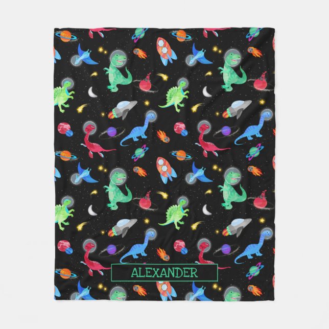Watercolor Dinosaur Astronauts In Space Black Fleecedecke (Vorderseite)