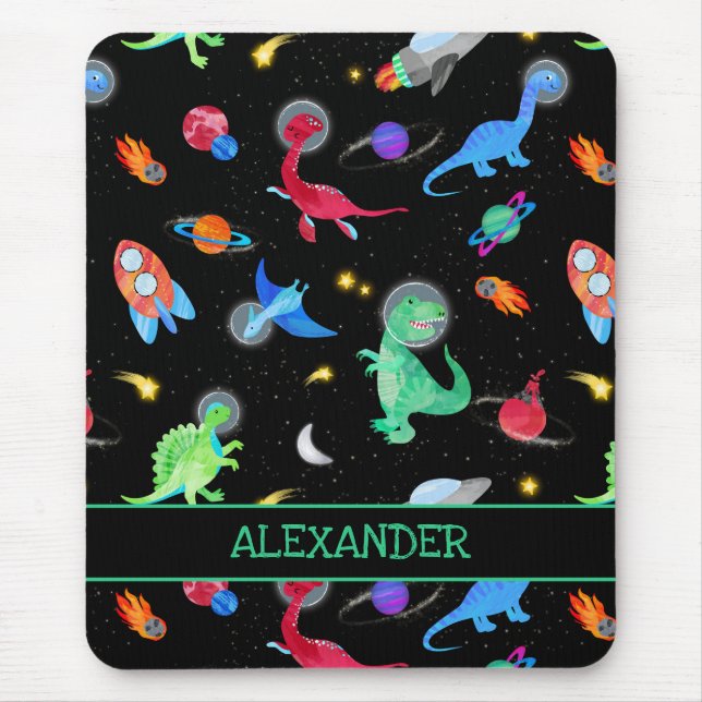 Watercolor Dinosaur Astronauts In Space Black Mousepad (Vorne)