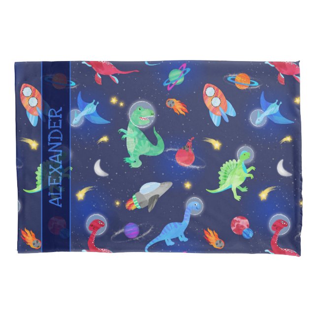 Watercolor Dinosaur Astronauts In Space Blue Kissenbezug (Vorderseite)