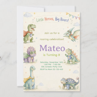 Watercolor Dinosaur Superhero Birthday Einladung