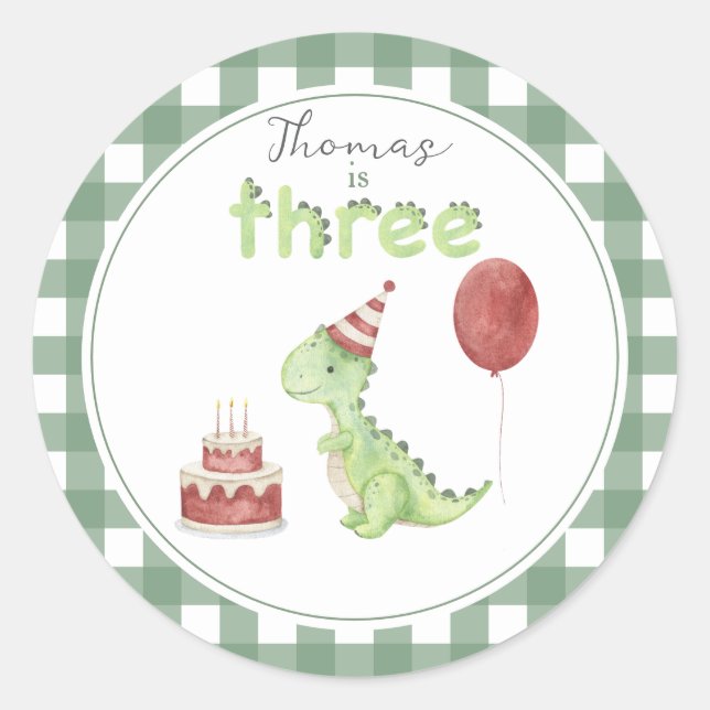 Watercolor Dinosaur Three Birthday Runder Aufkleber (Vorderseite)