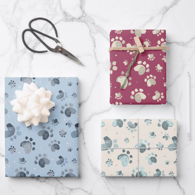 Watercolor Dog Paws Wrapping Paper Set 3 Geschenkpapier Set (Vorderseite)
