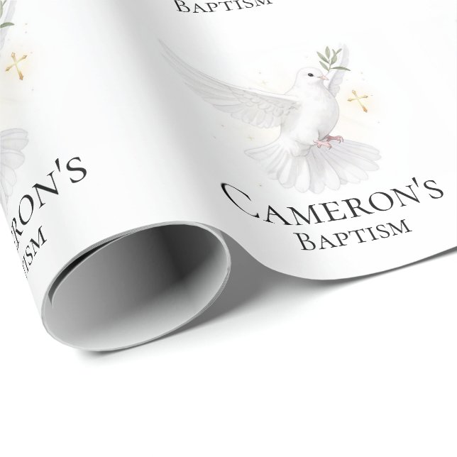 Watercolor Dove and Gold Cross Elegant Baptism Geschenkpapier (Rolleneckpunkt)