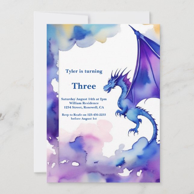 Watercolor Dragon Birthday Einladung (Vorderseite)