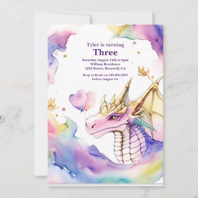 Watercolor Dragon Birthday Einladung (Vorderseite)