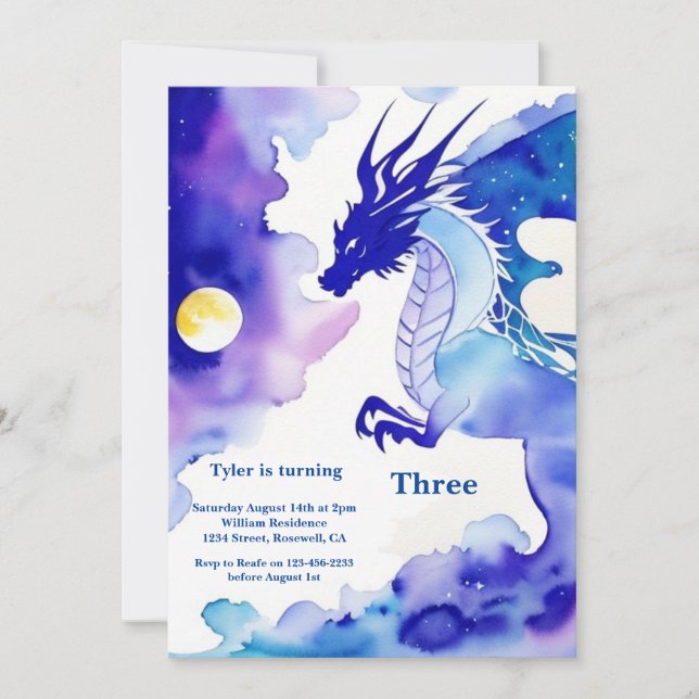 Watercolor Dragon Birthday Einladung (Vorderseite)