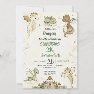 Watercolor Dragon Birthday Party Invitation Einladung