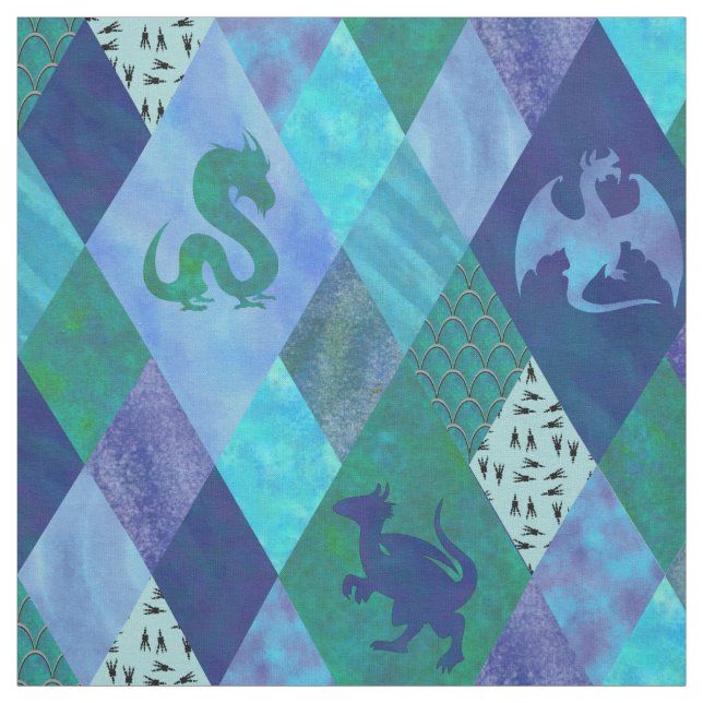 Watercolor Dragon Patchwork Quilt in Blue Green Stoff (Muster)
