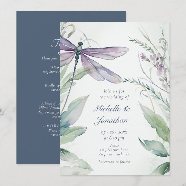 Watercolor Dragonfly | Grüne auf einer Hochzeit Einladung (Vorne/Hinten)