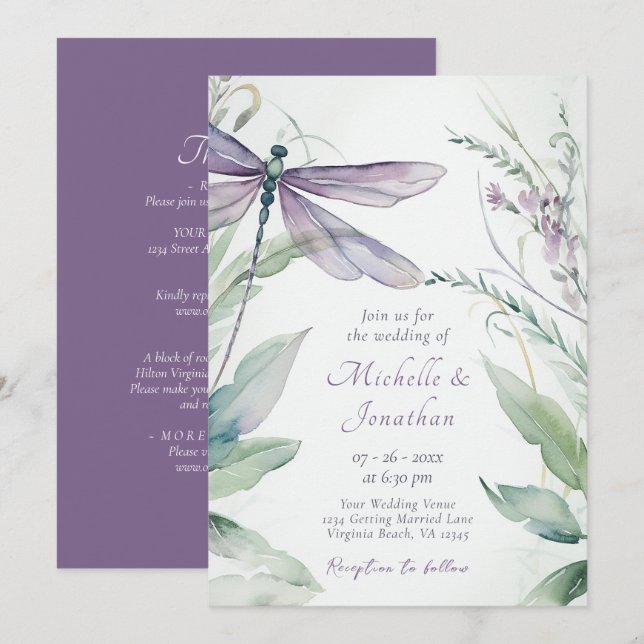 Watercolor Dragonfly | Grüne auf einer Hochzeit Einladung (Vorne/Hinten)
