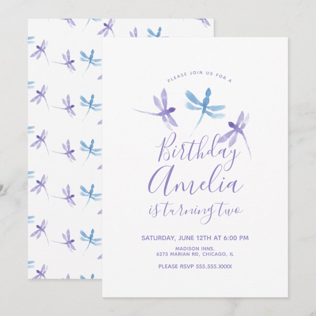 Watercolor Dragonfly Lila Blue Birthday Party (Vorne/Hinten)