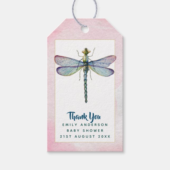 Watercolor DRAGONFLY Vielen Dank Baby Dusche PinkB Geschenkanhänger (Vorderseite)