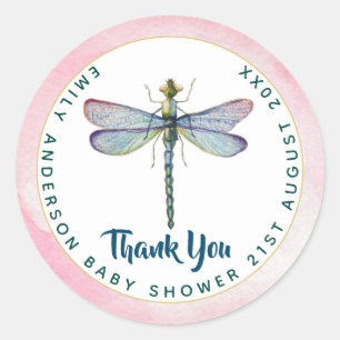 Watercolor DRAGONFLY Vielen Dank Baby Dusche PinkB Runder Aufkleber