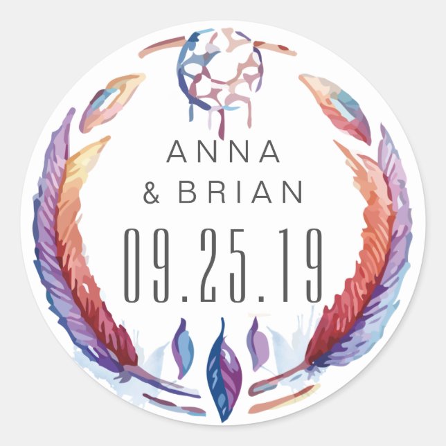 Watercolor Dream Catcher Feathers Boho Wedding Runder Aufkleber (Vorderseite)