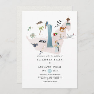 Watercolor Dubai UAE Hochzeit in Urlaubsort Einladung