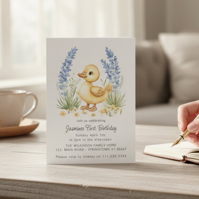 Watercolor Duckling First Birthday Invitation Einladung (Von Creator hochgeladen)