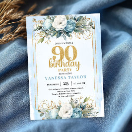 Watercolor Dusty Blue 90th Birthday Party Invite Einladung