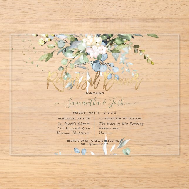 Watercolor Dusty Blue Eucalyptus Rehearsal Dinner Acryleinladungen (Vorderseite)