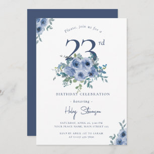 Watercolor Dusty Blue Floral 23. Chic Geburtstag Einladung