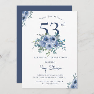 Watercolor Dusty Blue Floral 53. Chic Geburtstag Einladung