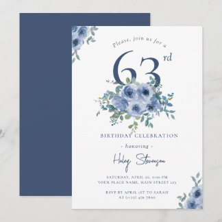 Watercolor Dusty Blue Floral 63. Chic Geburtstag Einladung