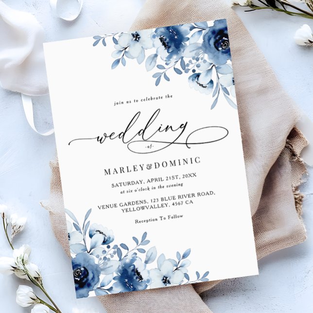 Watercolor Dusty Blue Floral Boho Modern Wedding Einladung (Von Creator hochgeladen)